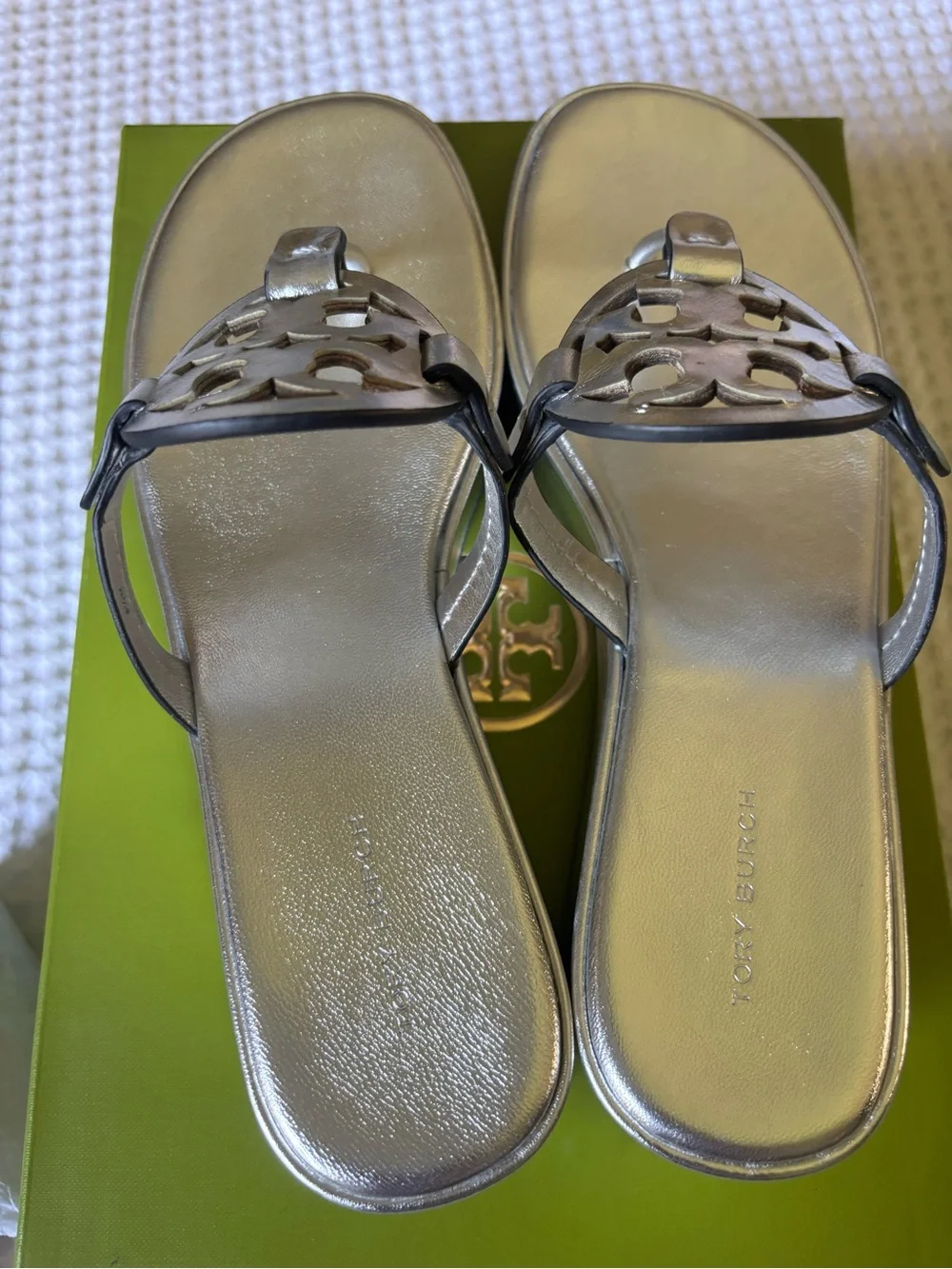 Tory Burch Silver Logo Thong Sandals
